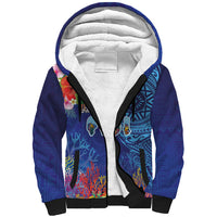 Fiji Day Sherpa Hoodie Coral Reef with Tapa Motifs and Hibiscus Ocean Vibe LT03 Unisex Blue - Polynesian Pride