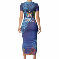 Fiji Day Short Sleeve Bodycon Dress Coral Reef with Tapa Motifs and Hibiscus Ocean Vibe LT03 - Polynesian Pride