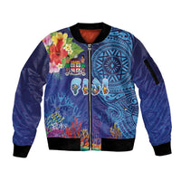 Fiji Day Sleeve Zip Bomber Jacket Coral Reef with Tapa Motifs and Hibiscus Ocean Vibe LT03 Unisex Blue - Polynesian Pride