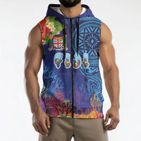 Fiji Day Sleeveless Zip Hoodie Coral Reef with Tapa Motifs and Hibiscus Ocean Vibe LT03 - Polynesian Pride