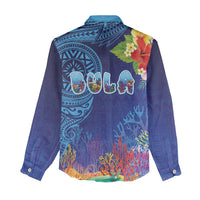 Fiji Day Women Casual Shirt Coral Reef with Tapa Motifs and Hibiscus Ocean Vibe LT03 - Polynesian Pride