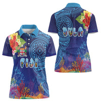 Fiji Day Women Polo Shirt Coral Reef with Tapa Motifs and Hibiscus Ocean Vibe LT03 - Polynesian Pride