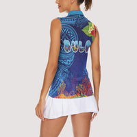 Fiji Day Women Sleeveless Polo Shirt Coral Reef with Tapa Motifs and Hibiscus Ocean Vibe LT03 - Polynesian Pride