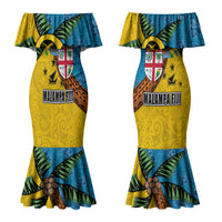 Malampa Fiji Day Couples Matching Mermaid Dress and Long Sleeve Button Shirt Tapa and Melanesian Patterns with Coat of Arms LT03 - Polynesian Pride