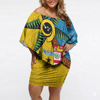 Malampa Fiji Day Off Shoulder Short Dress Tapa and Melanesian Patterns with Coat of Arms LT03 Women Multicolor - Polynesian Pride