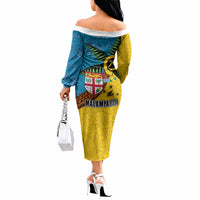Malampa Fiji Day Off The Shoulder Long Sleeve Dress Tapa and Melanesian Patterns with Coat of Arms LT03 - Polynesian Pride