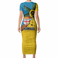 Malampa Fiji Day Short Sleeve Bodycon Dress Tapa and Melanesian Patterns with Coat of Arms LT03 - Polynesian Pride