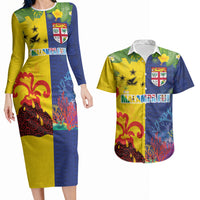 Malampa Fiji Day Couples Matching Long Sleeve Bodycon Dress and Hawaiian Shirt Volcano and Coral Reef with Culture Patterns Split Style LT03 Multicolor - Polynesian Pride