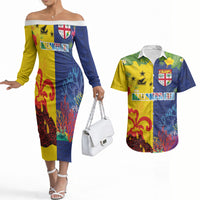 Malampa Fiji Day Couples Matching Off The Shoulder Long Sleeve Dress and Hawaiian Shirt Volcano and Coral Reef with Culture Patterns Split Style LT03 Multicolor - Polynesian Pride