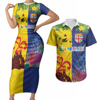 Malampa Fiji Day Couples Matching Short Sleeve Bodycon Dress and Hawaiian Shirt Volcano and Coral Reef with Culture Patterns Split Style LT03 Multicolor - Polynesian Pride