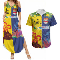 Malampa Fiji Day Couples Matching Summer Maxi Dress and Hawaiian Shirt Volcano and Coral Reef with Culture Patterns Split Style LT03 Multicolor - Polynesian Pride
