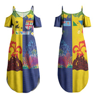 Malampa Fiji Day Couples Matching Summer Maxi Dress and Long Sleeve Button Shirt Volcano and Coral Reef with Culture Patterns Split Style LT03 - Polynesian Pride