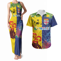 Malampa Fiji Day Couples Matching Tank Maxi Dress and Hawaiian Shirt Volcano and Coral Reef with Culture Patterns Split Style LT03 Multicolor - Polynesian Pride