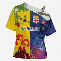 Malampa Fiji Day Cross Shoulder Shirt Volcano and Coral Reef with Culture Patterns Split Style LT03 Female Multicolor - Polynesian Pride