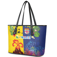 Malampa Fiji Day Leather Tote Bag Volcano and Coral Reef with Culture Patterns Split Style LT03 - Polynesian Pride