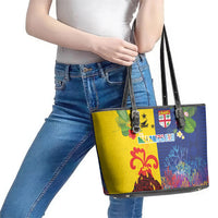 Malampa Fiji Day Leather Tote Bag Volcano and Coral Reef with Culture Patterns Split Style LT03 - Polynesian Pride