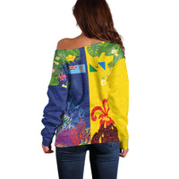 Malampa Fiji Day Off Shoulder Sweater Volcano and Coral Reef with Culture Patterns Split Style LT03 - Polynesian Pride