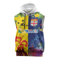 Malampa Fiji Day Sleeveless Hoodie Volcano and Coral Reef with Culture Patterns Split Style LT03 Multicolor - Polynesian Pride