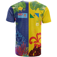 Malampa Fiji Day T Shirt Volcano and Coral Reef with Culture Patterns Split Style LT03 - Polynesian Pride