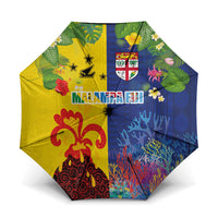 Malampa Fiji Day Umbrella Volcano and Coral Reef with Culture Patterns Split Style LT03 One Size Folded 11.42 inch Opened Diameter 37.4 inch Multicolor - Polynesian Pride