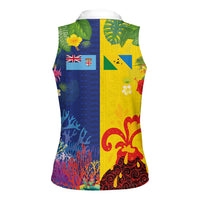 Malampa Fiji Day Women Sleeveless Polo Shirt Volcano and Coral Reef with Culture Patterns Split Style LT03 - Polynesian Pride