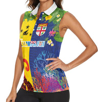 Malampa Fiji Day Women Sleeveless Polo Shirt Volcano and Coral Reef with Culture Patterns Split Style LT03 - Polynesian Pride