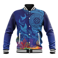 Fijian Tribal Manta Ray Baseball Jacket Masi Motif with Coral Reef Ocean Vibe LT03 Unisex Blue - Polynesian Pride