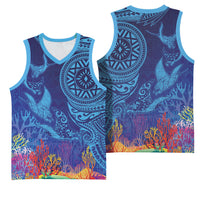 Fijian Tribal Manta Ray Basketball Jersey Masi Motif with Coral Reef Ocean Vibe LT03 - Polynesian Pride