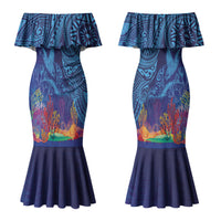 Fijian Tribal Manta Ray Couples Matching Mermaid Dress and Hawaiian Shirt Masi Motif with Coral Reef Ocean Vibe LT03 - Polynesian Pride
