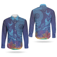 Fijian Tribal Manta Ray Couples Matching Mermaid Dress and Long Sleeve Button Shirt Masi Motif with Coral Reef Ocean Vibe LT03 - Polynesian Pride