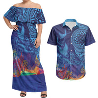 Fijian Tribal Manta Ray Couples Matching Off Shoulder Maxi Dress and Hawaiian Shirt Masi Motif with Coral Reef Ocean Vibe LT03 Blue - Polynesian Pride