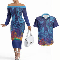 Fijian Tribal Manta Ray Couples Matching Off The Shoulder Long Sleeve Dress and Hawaiian Shirt Masi Motif with Coral Reef Ocean Vibe LT03 Blue - Polynesian Pride