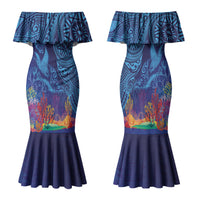 Fijian Tribal Manta Ray Family Matching Mermaid Dress and Hawaiian Shirt Masi Motif with Coral Reef Ocean Vibe LT03 Mom's Dress Blue - Polynesian Pride