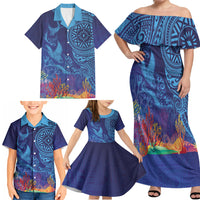 Fijian Tribal Manta Ray Family Matching Off Shoulder Maxi Dress and Hawaiian Shirt Masi Motif with Coral Reef Ocean Vibe LT03 - Polynesian Pride