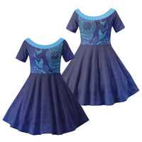Fijian Tribal Manta Ray Family Matching Off Shoulder Maxi Dress and Hawaiian Shirt Masi Motif with Coral Reef Ocean Vibe LT03 Daughter's Dress Blue - Polynesian Pride
