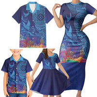 Fijian Tribal Manta Ray Family Matching Short Sleeve Bodycon Dress and Hawaiian Shirt Masi Motif with Coral Reef Ocean Vibe LT03 - Polynesian Pride
