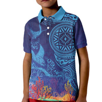 Fijian Tribal Manta Ray Kid Polo Shirt Masi Motif with Coral Reef Ocean Vibe LT03 Kid Blue - Polynesian Pride