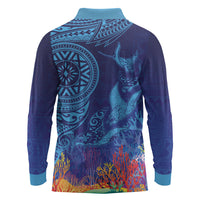 Fijian Tribal Manta Ray Long Sleeve Polo Shirt Masi Motif with Coral Reef Ocean Vibe LT03 - Polynesian Pride