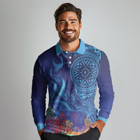 Fijian Tribal Manta Ray Long Sleeve Polo Shirt Masi Motif with Coral Reef Ocean Vibe LT03 - Polynesian Pride