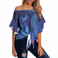 Fijian Tribal Manta Ray Off Shoulder Wrap Waist Top Masi Motif with Coral Reef Ocean Vibe LT03 Blue - Polynesian Pride