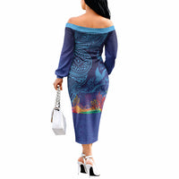 Fijian Tribal Manta Ray Off The Shoulder Long Sleeve Dress Masi Motif with Coral Reef Ocean Vibe LT03 - Polynesian Pride