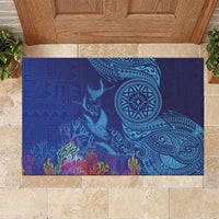 Fijian Tribal Manta Ray Rubber Doormat Masi Motif with Coral Reef Ocean Vibe LT03 Blue - Polynesian Pride