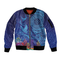 Fijian Tribal Manta Ray Sleeve Zip Bomber Jacket Masi Motif with Coral Reef Ocean Vibe LT03 Unisex Blue - Polynesian Pride