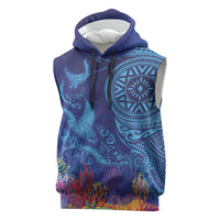 Fijian Tribal Manta Ray Sleeveless Hoodie Masi Motif with Coral Reef Ocean Vibe LT03 Blue - Polynesian Pride
