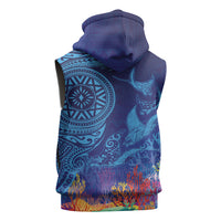 Fijian Tribal Manta Ray Sleeveless Hoodie Masi Motif with Coral Reef Ocean Vibe LT03 - Polynesian Pride