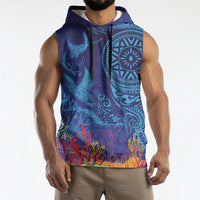 Fijian Tribal Manta Ray Sleeveless Hoodie Masi Motif with Coral Reef Ocean Vibe LT03 - Polynesian Pride