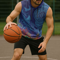 Fijian Tribal Manta Ray Sleeveless Hoodie Masi Motif with Coral Reef Ocean Vibe LT03 - Polynesian Pride