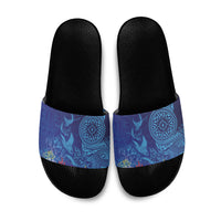 Fijian Tribal Manta Ray Slide Sandals Masi Motif with Coral Reef Ocean Vibe LT03 Blue - Polynesian Pride