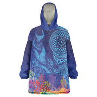 Fijian Tribal Manta Ray Wearable Blanket Hoodie Masi Motif with Coral Reef Ocean Vibe LT03 One Size Blue - Polynesian Pride