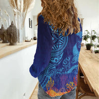 Fijian Tribal Manta Ray Women Casual Shirt Masi Motif with Coral Reef Ocean Vibe LT03 - Polynesian Pride